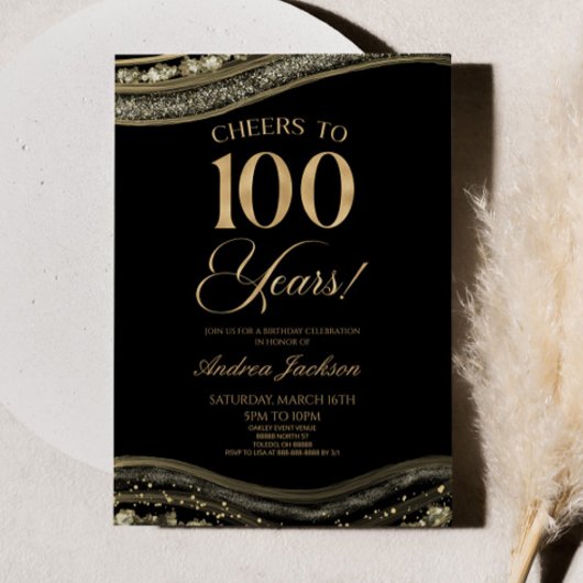 Elegante Black Gold Agate 100ste verjaardagsfeest Kaart