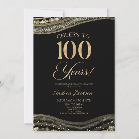 Elegante Black Gold Agate 100ste verjaardagsfeest Kaart (Voorkant)