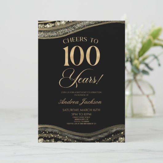 Elegante Black Gold Agate 100ste verjaardagsfeest Kaart (Staand voorkant)
