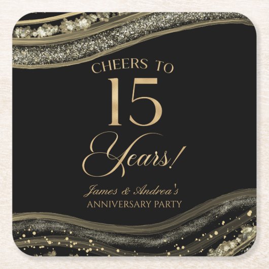 Elegante Black Gold Agate 15e Jubileum Party Kartonnen Onderzetters (Voorkant)