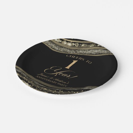 Elegante Black Gold Agate 1e Jubileum Party Papieren Bordje (Gekanteld)