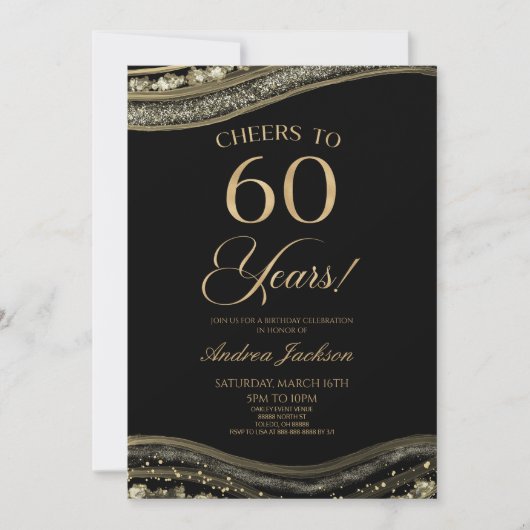 Elegante Black Gold Agate 60e Verjaardagsfeest Kaart (Voorkant)