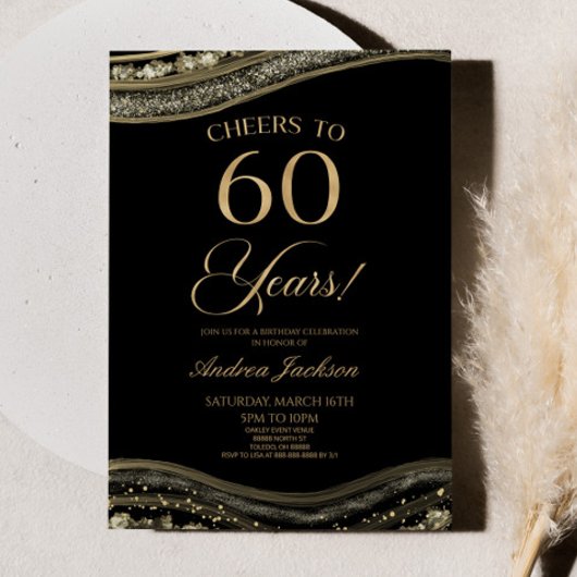 Elegante Black Gold Agate 60e Verjaardagsfeest Kaart