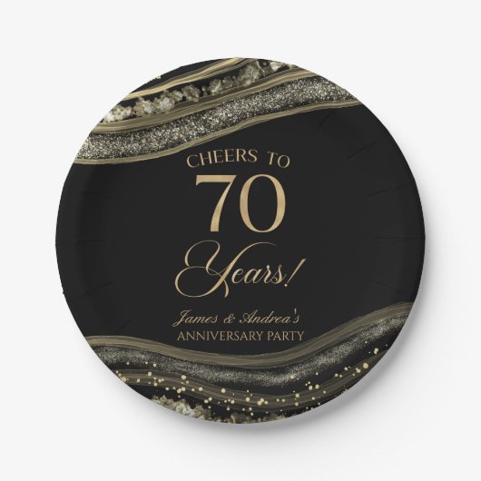 Elegante Black Gold Agate 70e Jubileum Party Papieren Bordje (Voorkant)