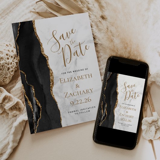 Elegante Black Gold Agate Marmer Save the Date