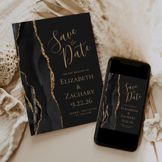 Elegante Black Gold Agate Save the Date kaart
