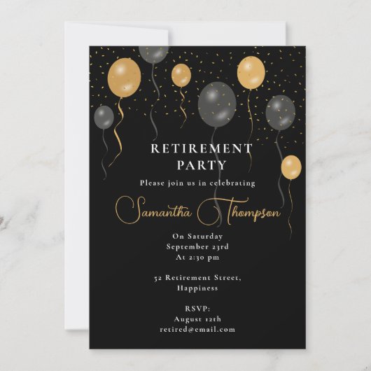 Elegante Black & Gold Ballons Retirement Party Kaart (Voorkant)
