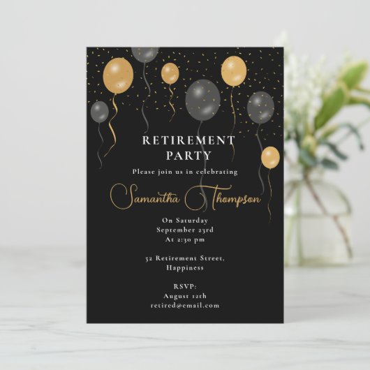 Elegante Black & Gold Ballons Retirement Party Kaart (Staand voorkant)