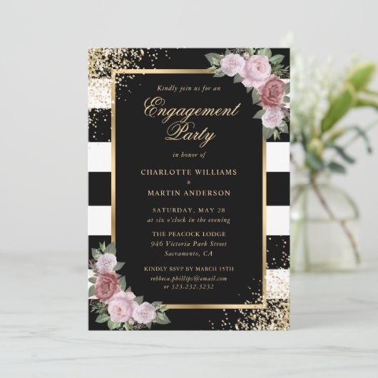 Elegante Black Gold Blush Bloemen Verlovingsfeest Kaart (Staand voorkant)