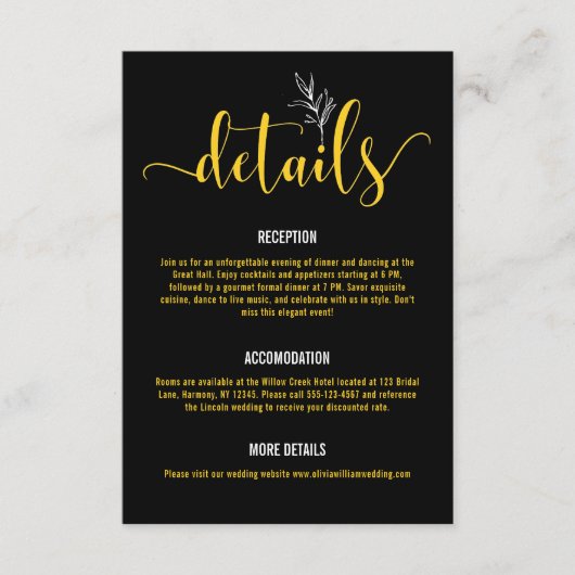 Elegante Black & Gold Botanische Huwelijkssluiting Informatiekaartje (Voorkant)