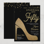 Elegante Black Gold Confetti Surprise 50ste verjaa Kaart (Voorkant / Achterkant)