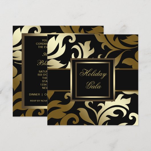 Elegante Black Gold Damask Party Uitnodigingen (Voorkant / Achterkant)