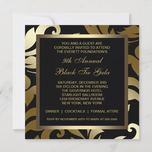 Elegante Black Gold Damask Party Uitnodigingen (Achterkant)