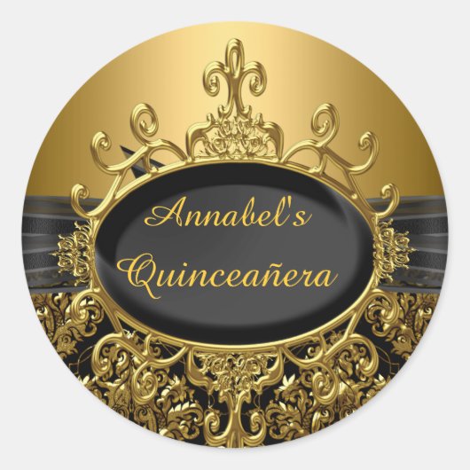 Elegante Black & Gold Damask Quinceanera Sticker (Voorkant)