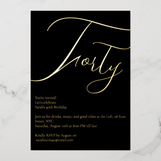 Elegante Black & Gold Folie 40e verjaardag uitnodi Folie Uitnodiging (Voorkant)