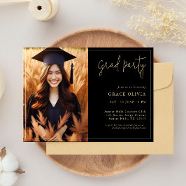 Elegante Black & Gold Foto Afstudeerder Party uitn Kaart