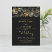 Elegante Black Gold Glam Tropical Leaf Wedding Kaart (Staand voorkant)