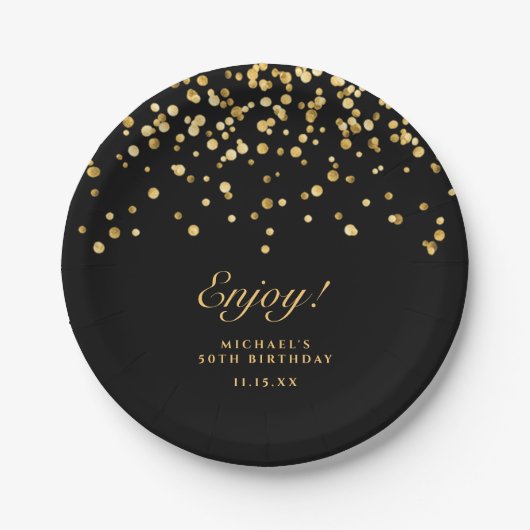 Elegante Black & Gold Glitter 50ste verjaardag Papieren Bordje (Voorkant)