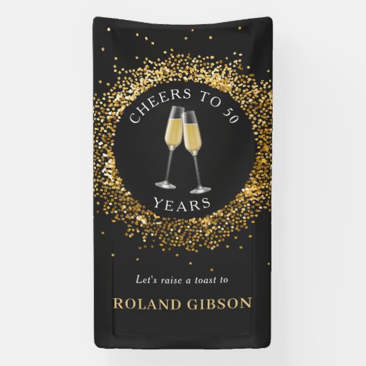 Elegante Black & Gold Glitter Verjaardagsbanner Spandoek (Verticaal)