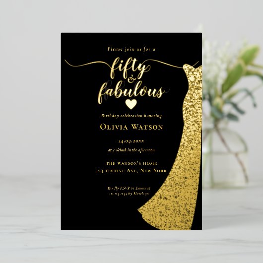 Elegante Black Gold Gown 50 en fantastische verjaa Folie Uitnodiging (Staand Voorkant)