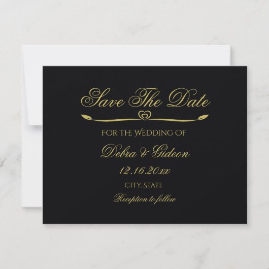 Elegante Black Gold Heart Flourish Save the Date (Voorkant)