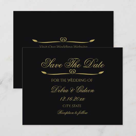 Elegante Black Gold Heart Flourish Save the Date (Voorkant / Achterkant)
