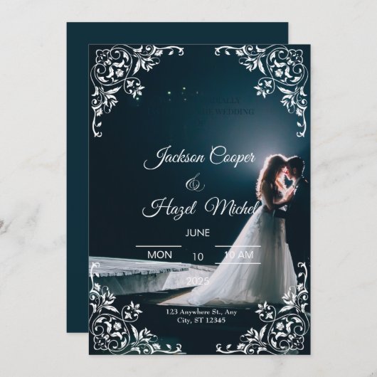 Elegante Black & Gold huwelijksuitnodiging Feestdagenkaart (Voorkant / Achterkant)