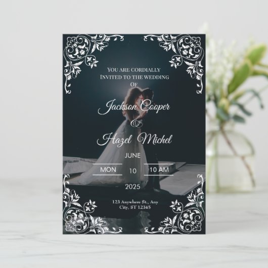 Elegante Black & Gold huwelijksuitnodiging Kaart (Staand voorkant)