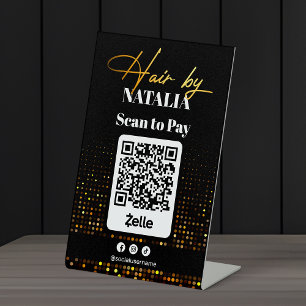 Elegante Black Gold Kapsalon Scan om te Betalen QR Reclamebord Met Voetstuk