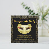 Elegante Black Gold Masquerade Party Uitnodiging (Staand voorkant)