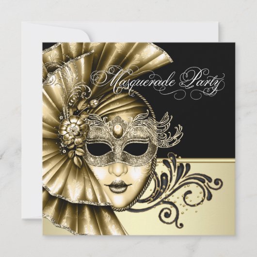 Elegante Black Gold Masquerade Party Uitnodigingen (Voorkant)