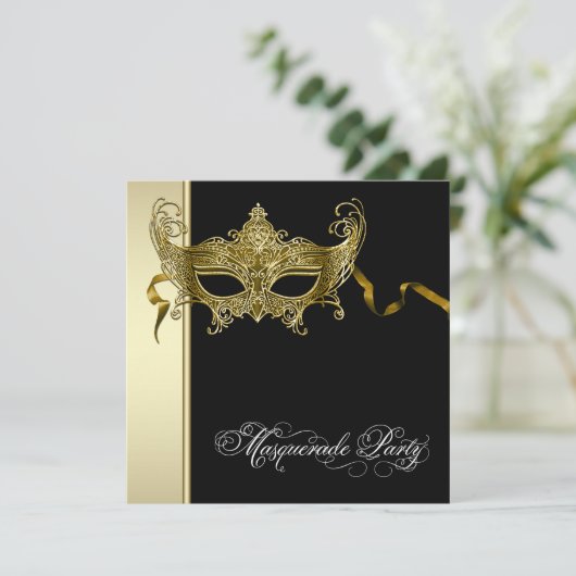 Elegante Black Gold Masquerade Party Uitnodigingen (Staand voorkant)