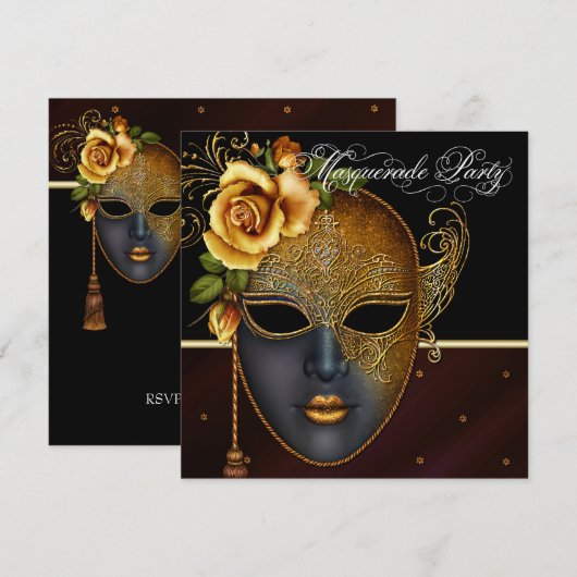 Elegante Black Gold Masquerade Party Uitnodigingen (Voorkant / Achterkant)