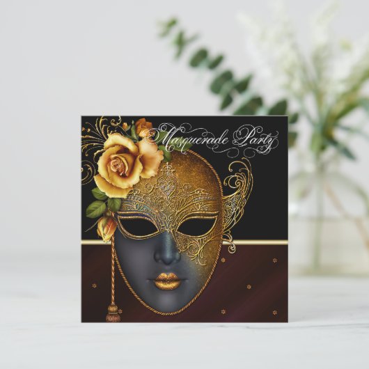 Elegante Black Gold Masquerade Party Uitnodigingen (Staand voorkant)