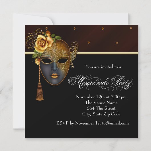 Elegante Black Gold Masquerade Party Uitnodigingen (Achterkant)