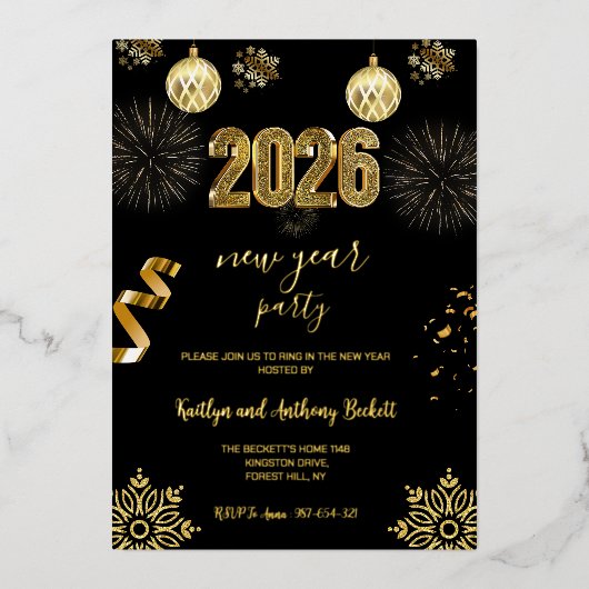 Elegante Black & Gold Nieuwjaarsfeest Folie Folie Uitnodiging (Voorkant)