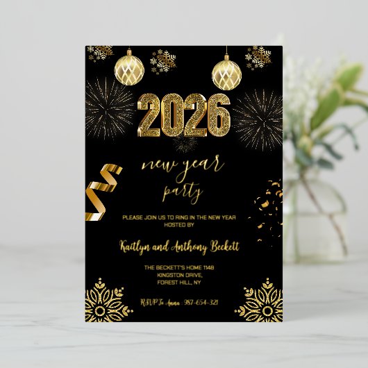 Elegante Black & Gold Nieuwjaarsfeest Folie Folie Uitnodiging (Staand Voorkant)