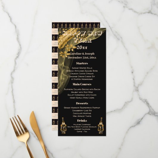 Elegante Black & Gold Nieuwjaarsmenu & Champagne Menu (Voorkant / Achterkant in situ)