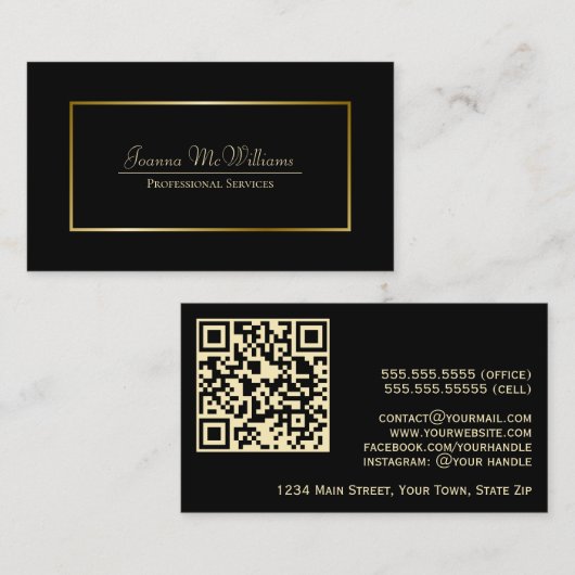 Elegante Black & Gold Professional QR-code Visitekaartje (Voorkant / Achterkant)