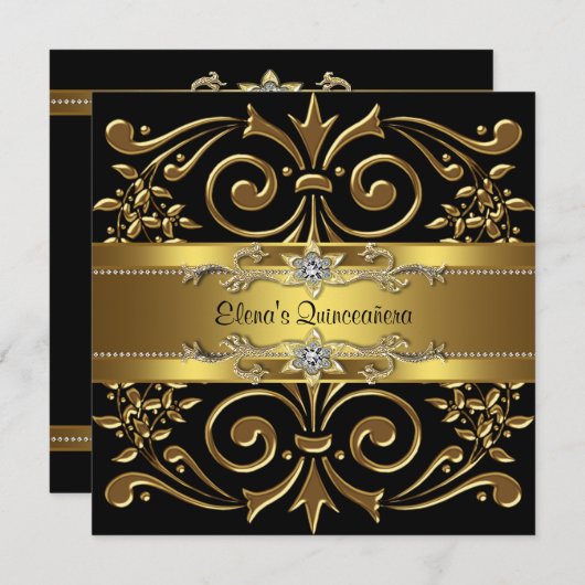 Elegante Black & Gold Quinceanera Uitnodigingen (Voorkant / Achterkant)