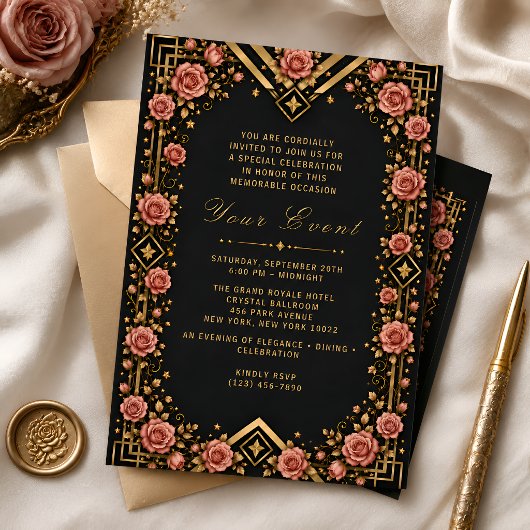 Elegante Black Gold Rose Gala Viering Kaart