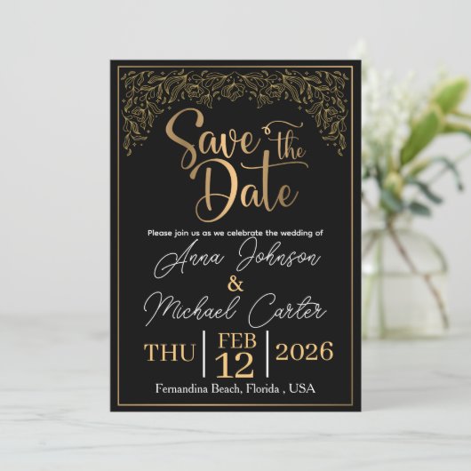 Elegante Black & Gold Save the Date Beach Bruiloft Kaart (Staand voorkant)