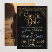 Elegante Black & Gold Save the Date Beach Bruiloft Kaart (Voorkant / Achterkant)