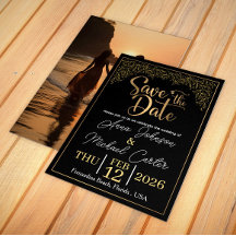 Elegante Black & Gold Save the Date Beach Bruiloft