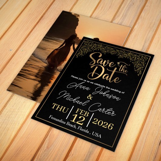 Elegante Black & Gold Save the Date Beach Bruiloft Kaart
