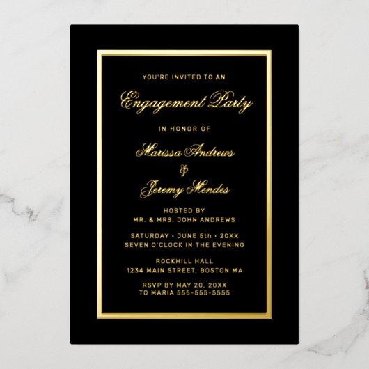 Elegante Black Gold Script Engagement Party Folie Uitnodiging (Voorkant)