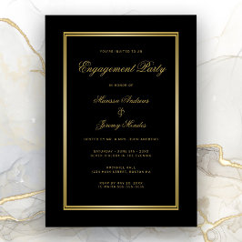 Elegante Black Gold Script Engagement Party Kaart