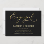 Elegante Black Gold Script Engagement Party Kaart (Voorkant)