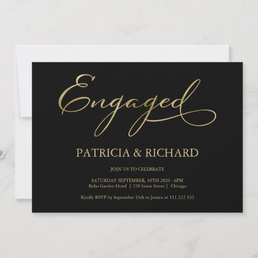 Elegante Black Gold Script Engagement Party Kaart (Voorkant)