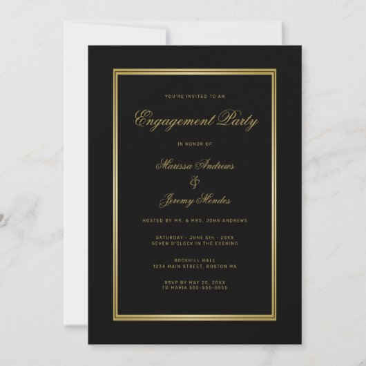 Elegante Black Gold Script Engagement Party Kaart (Voorkant)